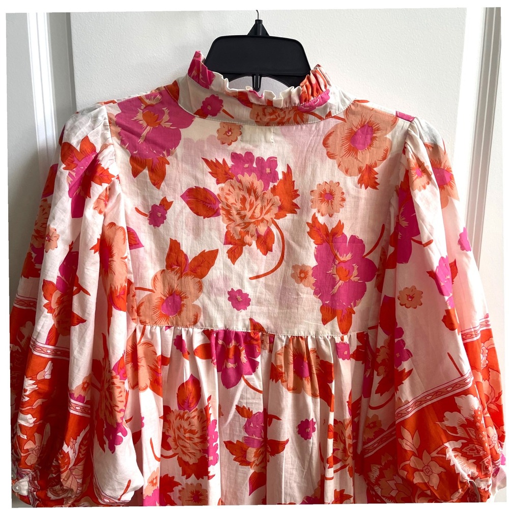 Karni Floral Midi Dress Womens Large Orange Pink Boho Cottagecore Balloon Sleeve - Picture 9 of 11